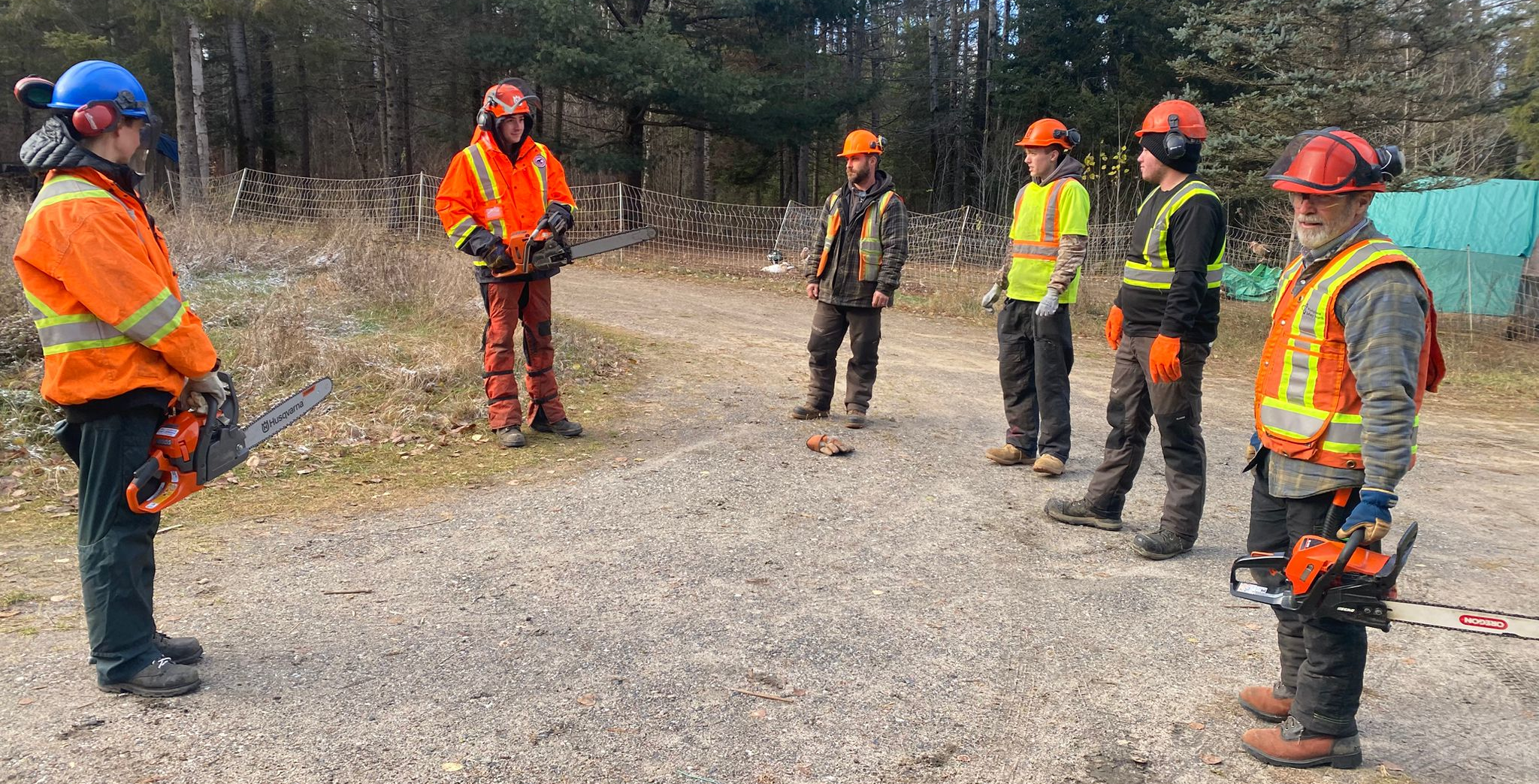 Group of men carrying chainsaws and standing in a semicircle